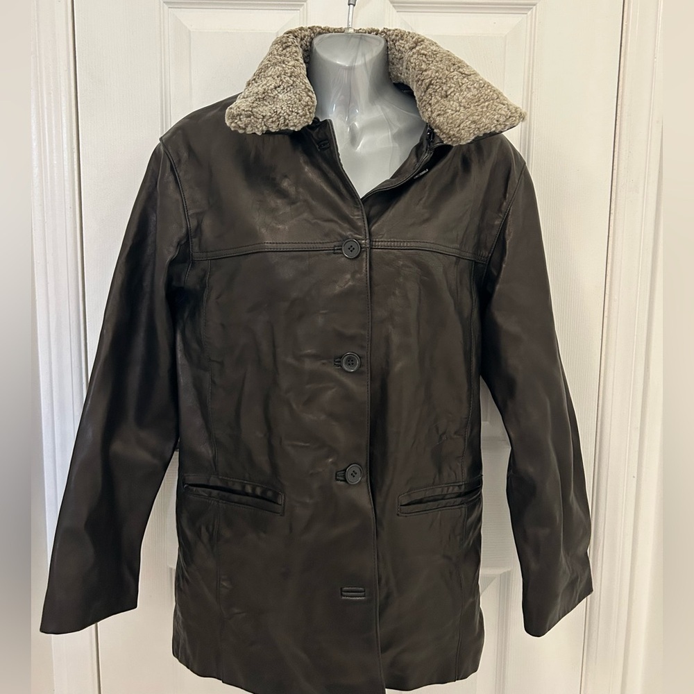 Genuine Brown Leather, Oversized Coat with Removable Sherpa Collar